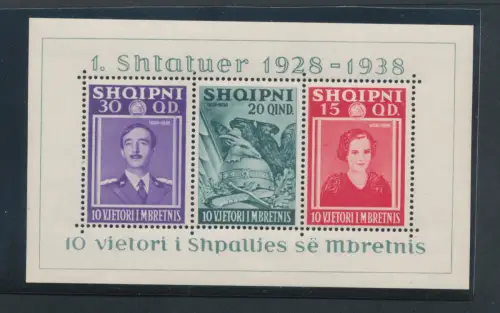 1938 ALBANIEN - 10. Jahrestag Königreich König Zogu I, Zettel Nr. 3, postfrisch **