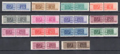 1946-51 Italien - Republik, filigrane Postpakete Rad, 15 Werte, postfrisch** - mittelmäßige Zentrierung