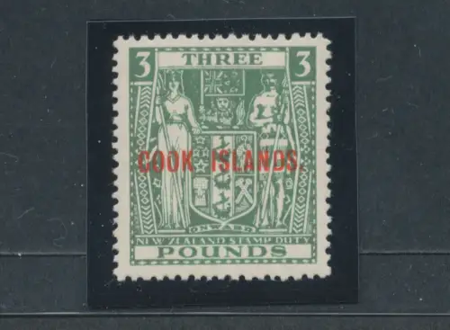 1936-44 COOK ISLANDS, Stanley Gibbons Nr. 123b- 3 £ GREEN - Neuseeland Briefmarke aufdruckt Cook Islands. - postfrisch **