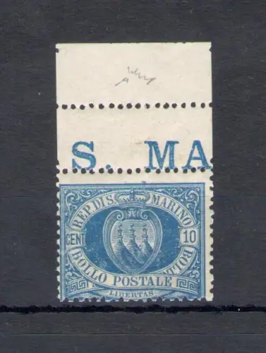 1877 SAN MARINO, Nr. 3A 10 Cent. hellblau, postfrisch** - Versignatur Giulio Bolaffi - A. Diena - Hoher Bogenrand