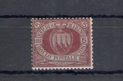 1892-94 SAN MARINO, Nr. 22 - 5 Lire karmin auf grün, postfrisch **