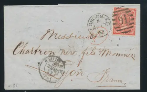 1862-64 GROSSBRITANNIEN, Stanley Gibbons Nr. 80, 4 Pence, rote Schaufeln, gebraucht auf Umschlag aus London nach Lyon