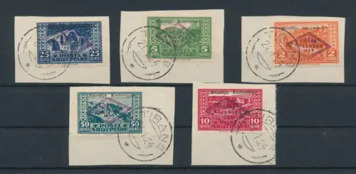 1924 Albanien, Eröffnung Nationalversammlung, Yvert Nr. 130/34, gebraucht auf Fragment