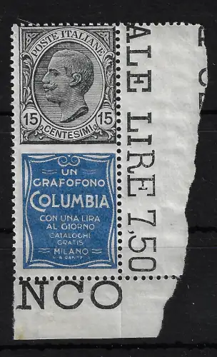 1924 Italien Königreich, Reklame Nr. 2, 15 Cent Kolumbien grau Übersee - postfrisch **