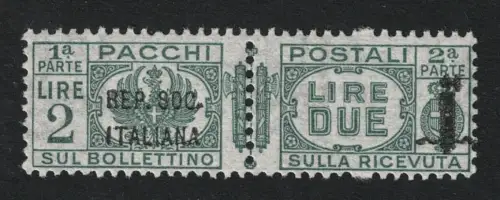 1944 Sozialrepublik, Postpakete, 2 grüne Lire Signatur Raybaudi # 43, postfrisch **