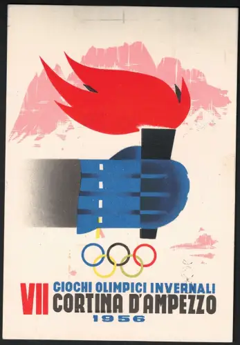1956 Italien, Offizielle Postkarte VII Winterspiele Vorhang und Serie Nr. 793/6