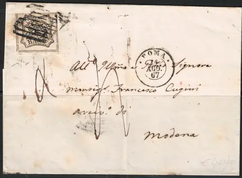 1852 Kirchenstaat, 8 Baj weiß auf Umschlag für Modena 14Euro08Euro1867