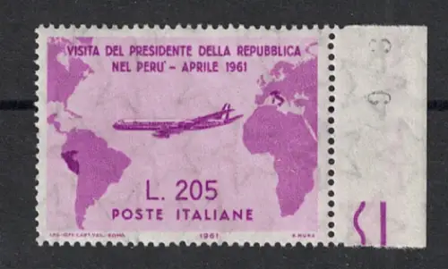 1961 Italien, Republik, 205 Lire Rosa, nicht ausgegeben, Gronchi Rosa, postfrisch ** Rand