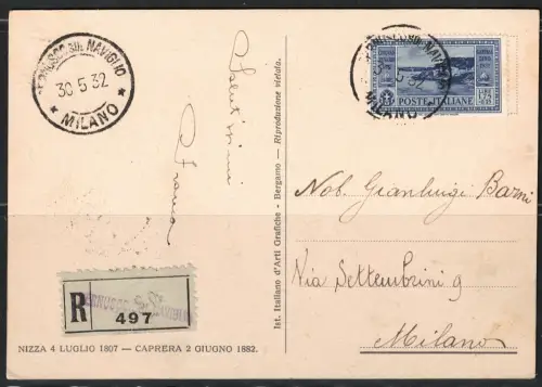 1932 Italien, Lire 1,75 + 25 Cent Garibaldi, Einschreiben, Postkarte nach Mailand