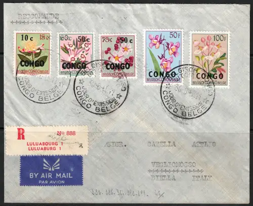 1952-59 Belgischer Kongo, # 395-399, Blumen Kongo überdruckt, auf Umschlag FDC