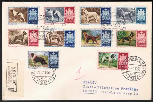 1956 SAN MARINO, Nr. 439euro448, Rassehunde, 10 Werte auf Einschreiben