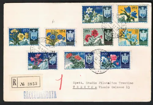1953 SAN MARINO, # 400-408, Blumen, 9 Werte auf Einschreiben