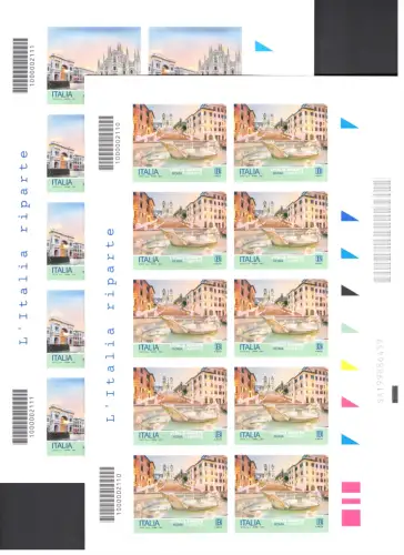 2021 Italien, 10er-Miniblätter, Touristische Serie, Italien reist, 6 Werte, postfrisch **