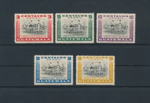1948 Guatemala, Fußball Yvert #160-64, 5 Werte, MH* (30 Cent), postfrisch** (4 Werte)