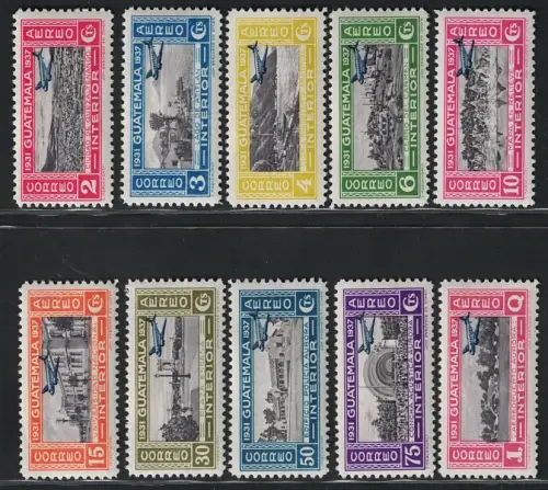 1937 Guatemala, Luftpost, Blaues Flugzeug, Yvert # 65-74, MH*