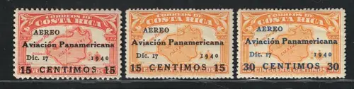 1940 Costa Rica, Luftpost überdruckt Yvert # 44K-45-46, MH*