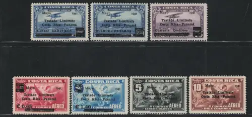 1941 Costa Rica, Luftpost, Vertrag mit Panama Yvert # 47-53, MH*