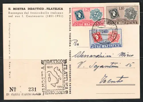 1951 Italien, 28.10.1951 Briefmarken Sardinien auf gebrauchter Gedenkkarte