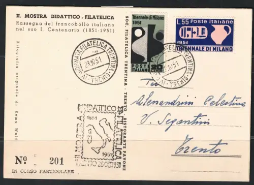 1951 Italien, 28.10.1951 Triennale Mailand auf gebrauchter Gedenkkarte
