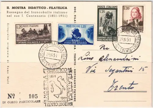 1951 Italien, 28.10.1951 verschiedene Marken auf Gedenkkarte gebraucht