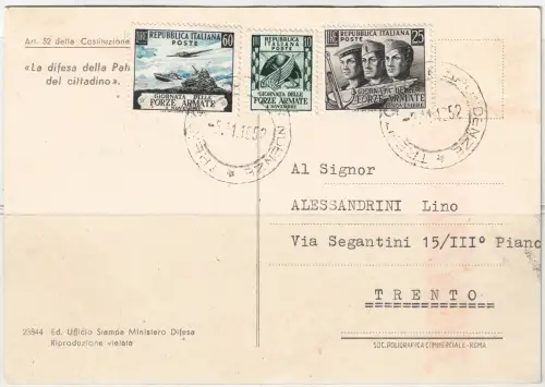 1952 Italien, 5.11.1952 Streitkräfte auf gebrauchter Gedenkkarte