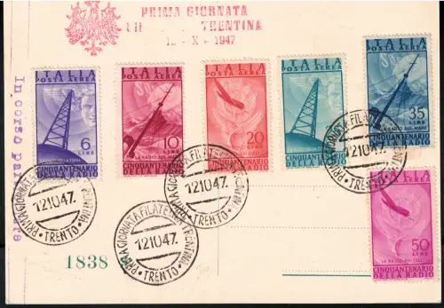 1947 Italien, 12.10.1947 Radio auf Gedenkkarte nicht gereist