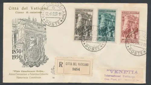 1950 Vatikan, Pfalzgarde Nr. 140/142, Venedig Nr. 70, gereist