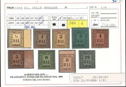 1859 Romagna, # 1/9, komplette Serie, alle signiert. MH*