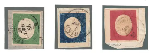 1854 Sardinien, Dritte Ausgabe, 5c. grün, 20 c. hellblau, 40 c. rot, gebraucht