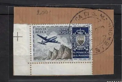 1954 SAN MARINO, Luftpost, Nr. 112, Flugzeug Ansicht und Wappen, GEBRAUCHT auf Fragment