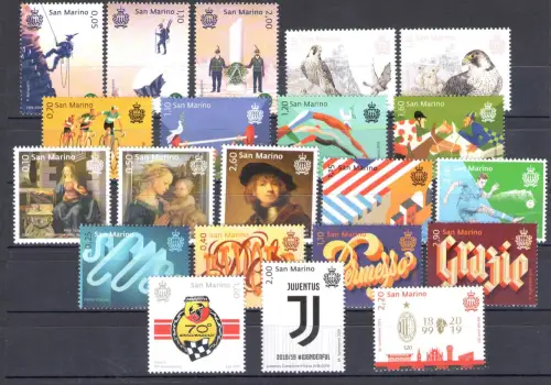 2019 San Marino, kompletter Jahrgang 21 Werte + 6 Zettel, postfrisch **