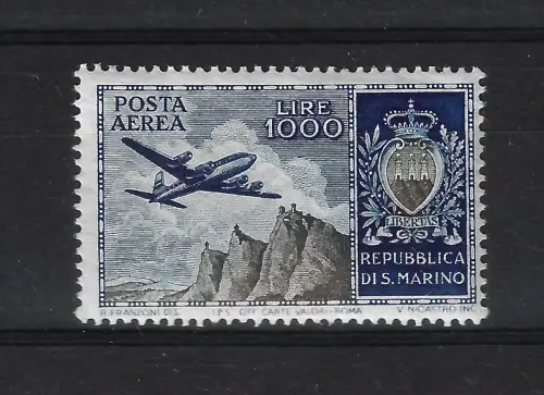 1954 San Marino, Luftpost # 112, 1000 Lire hellblau und oliv, postfrisch **