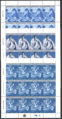 2008 San Marino, Weihnachten, # 2209/11, 3 Kleinblätter mit Barcode, postfrisch **