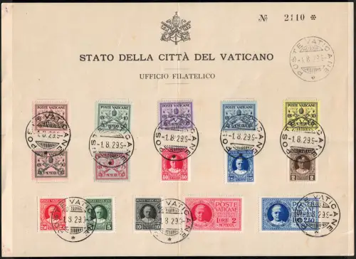 1929 Vatikan, Nr. 1/13 + Ex 1/2 Schlichtung, komplette Serie gebraucht, FDC