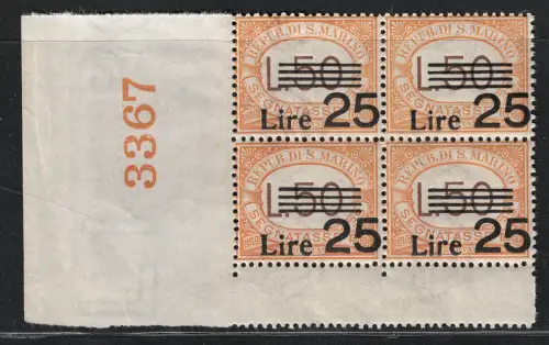 1943 San Marino, Steuermarken, 25 Lire auf 50 Lire # 64, Tafelnummer, postfrisch **