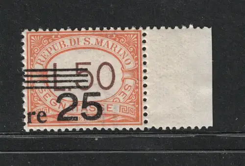 1943 San Marino, Steuermarken, 25 Lire auf 50 Lire orange # 64b, postfrisch **