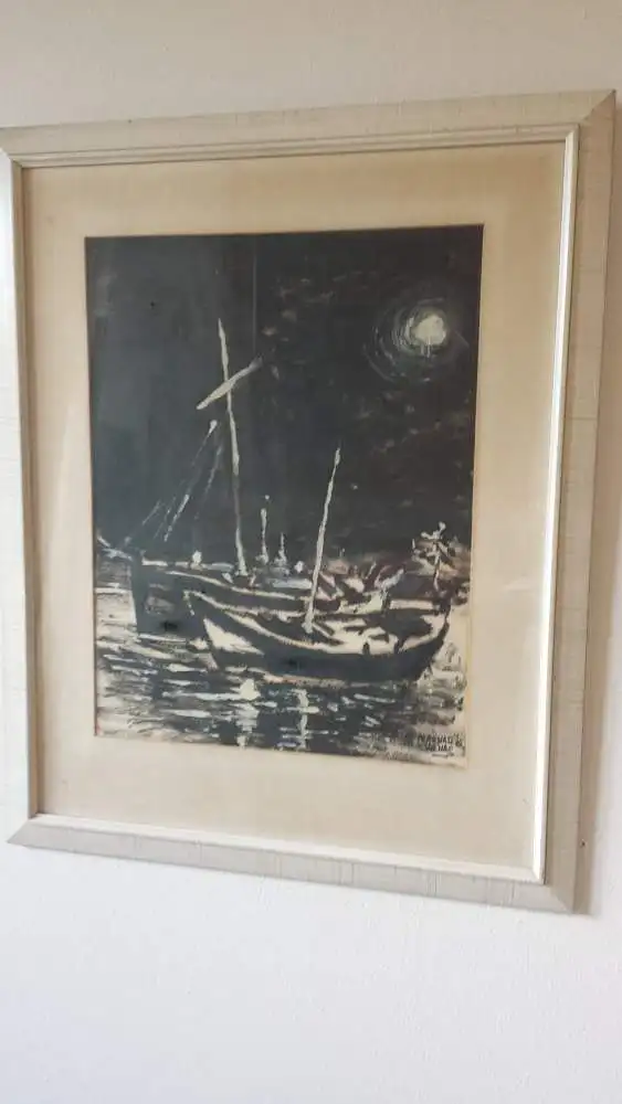 Gemälde, Tusche, Manuel aznar de arenas,Fischerboote bei Vollmond, 0