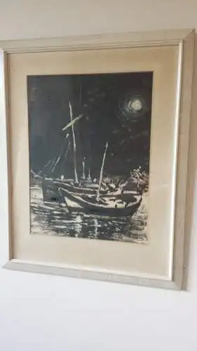 Gemälde, Tusche, Manuel aznar de arenas,Fischerboote bei Vollmond,