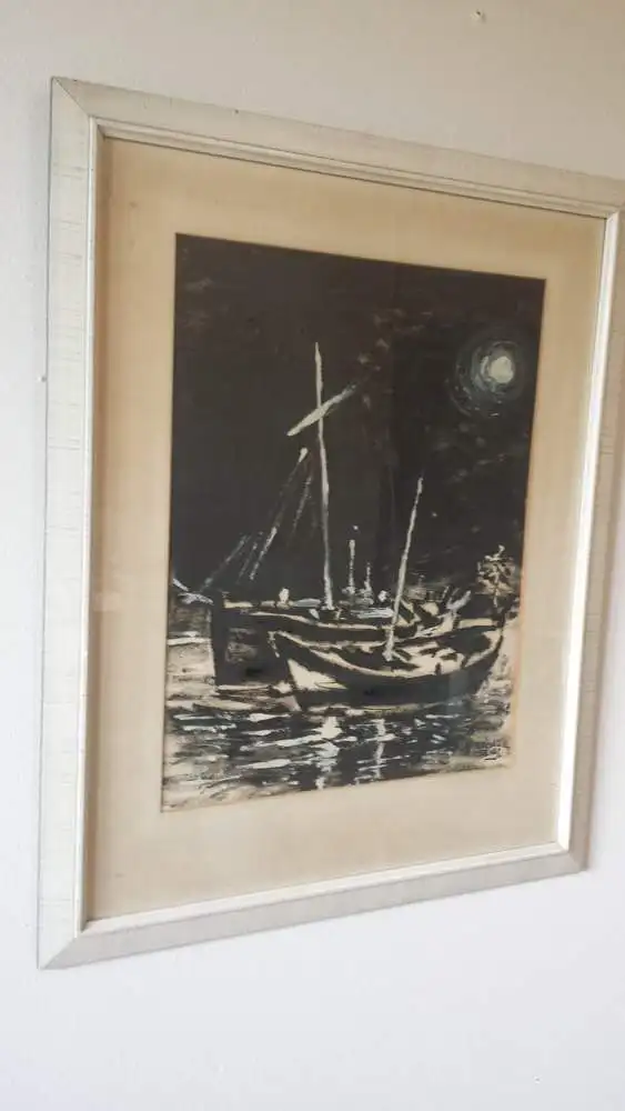 Gemälde, Tusche, Manuel aznar de arenas,Fischerboote bei Vollmond, 1