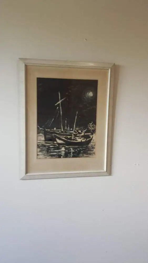 Gemälde, Tusche, Manuel aznar de arenas,Fischerboote bei Vollmond, 2