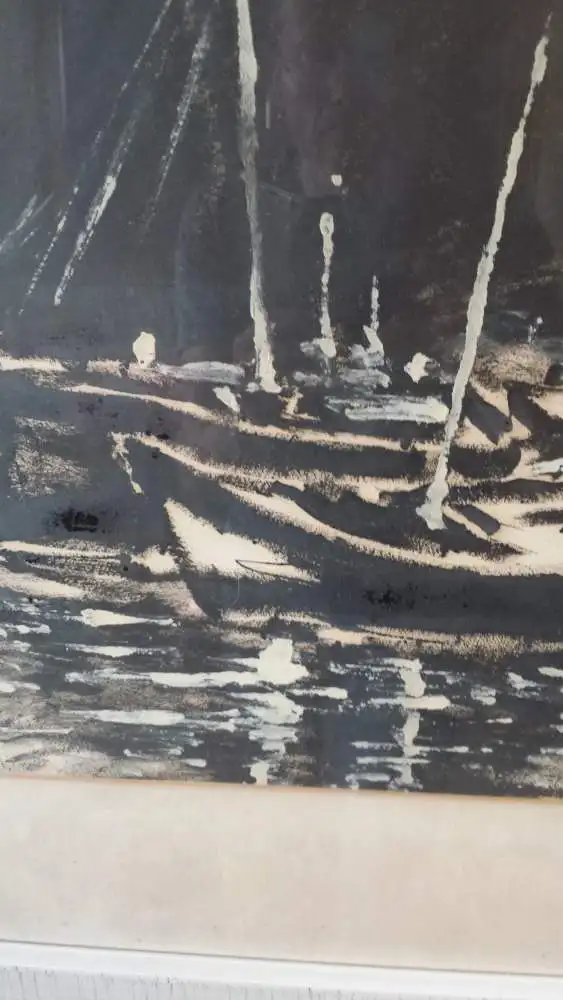 Gemälde, Tusche, Manuel aznar de arenas,Fischerboote bei Vollmond, 4