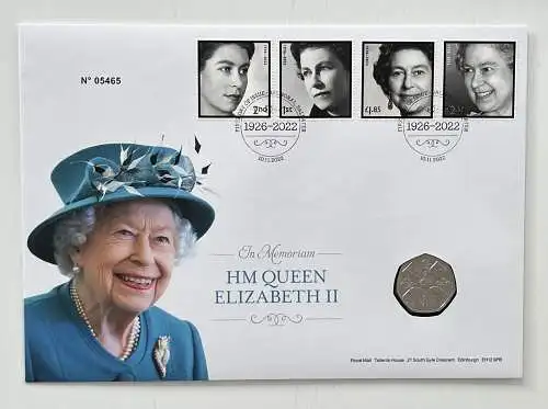 Großbritannien Coin Cover: In Memoriam HM Queen Elizabeth II 50p 2022 PNC Royal Mail