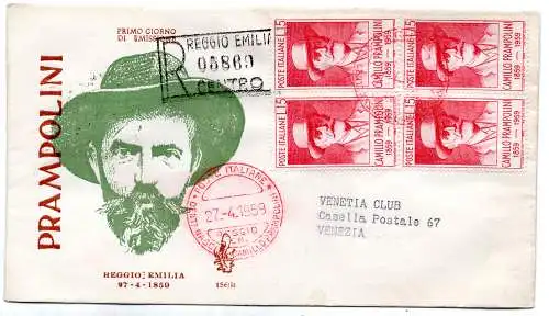 Italien FDC Venedig 1959 Prampolini Viertel gereist Racc. für Italien