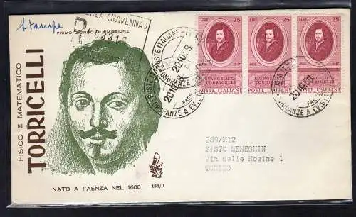 Italien FDC Venedig 1958 Torricelli Streifen von drei gereisten Racc. für Italien