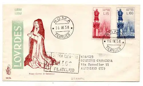 Italien FDC Venedig 1958 Lourdes reiste Racc. für Italien