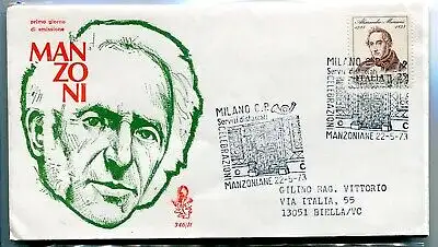 Italien FDC Venedig 1973 Manzoni reiste durch Italien