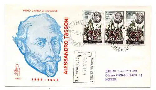 Italien FDC Venedig 1965 Tassoni Dreierstreifen gereist Racc. für Italien