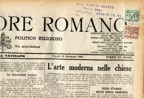 Osservatore Romano - Zeitung vom 25. November 1932 in die Niederlande verschickt