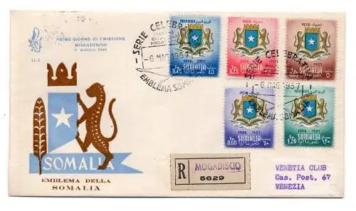 Somalia AFIS FDC Venedig 1957 Reiseemblem Racc. für Italien