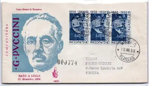 Italien 1958 Puccini Dreierstreifen auf Venetia Racc Umschlag